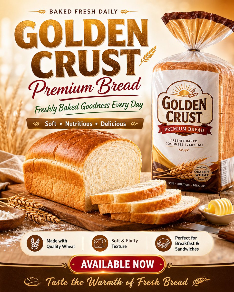 Golden Crust Premium Bread Bakery Flyer Prompt | Ultra-Realistic Commercial Food Advertisement