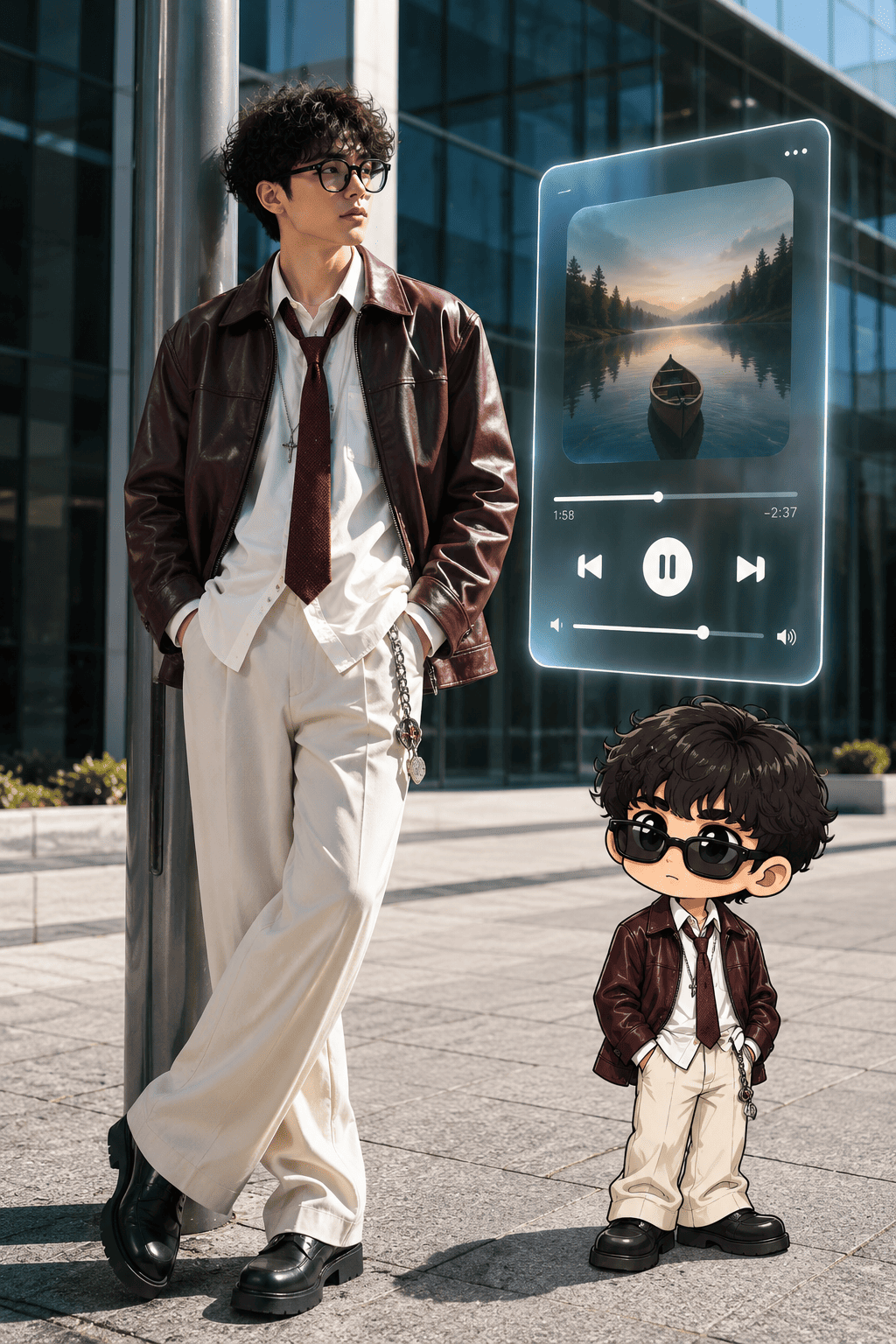 Cinematic Streetwear Portrait with Chibi Companion | Futuristic Music UI Editorial