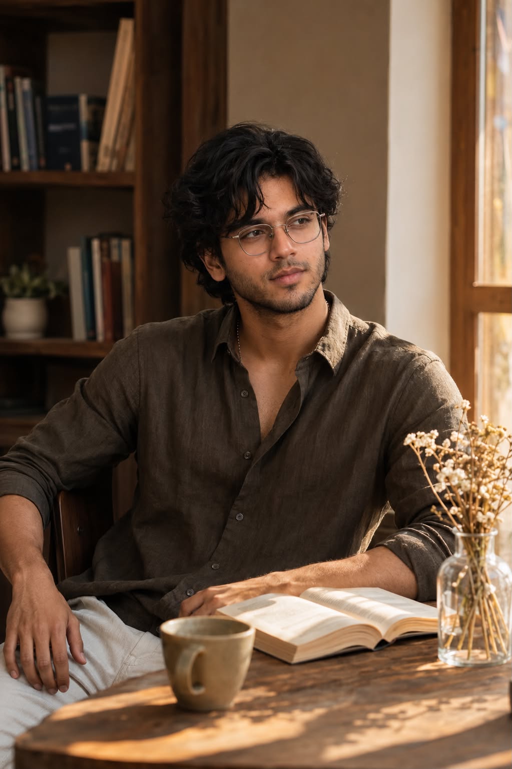 Cinematic Golden Hour Portrait of a Thoughtful Man in a Cozy Rustic Room