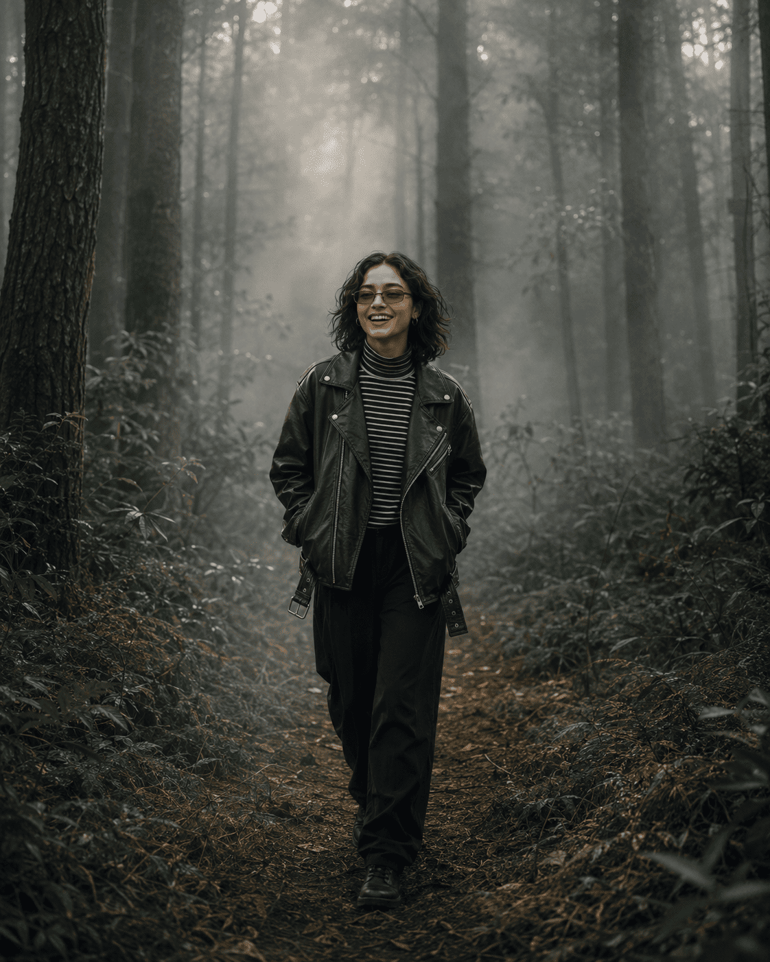 Cinematic Misty Forest Fashion Portrait with Enchanted Woodland Atmosphere