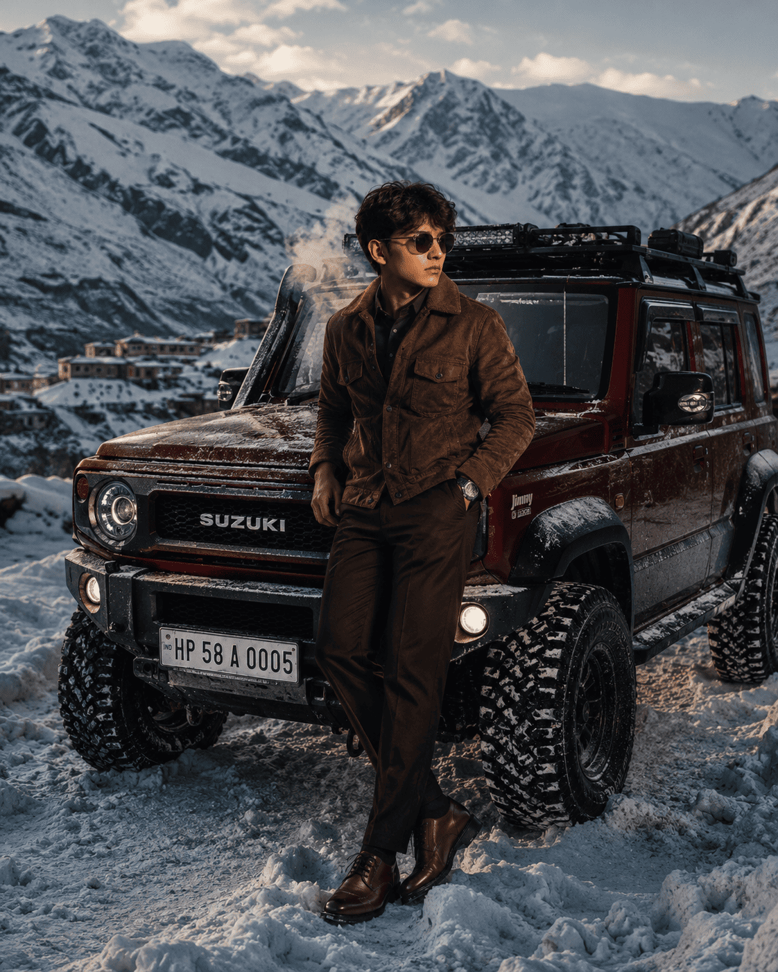 Cinematic Winter Adventure Portrait with Suzuki Jimny | AI Image Editing Prompt