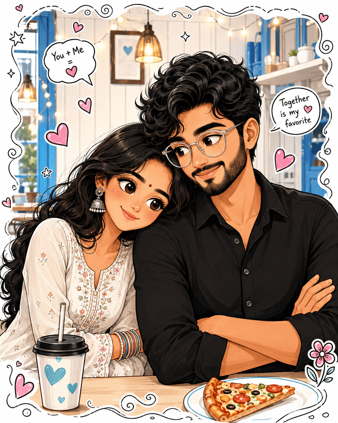 Cute Indian Couple Café Cartoon Illustration | Romantic Kawaii Digital Art