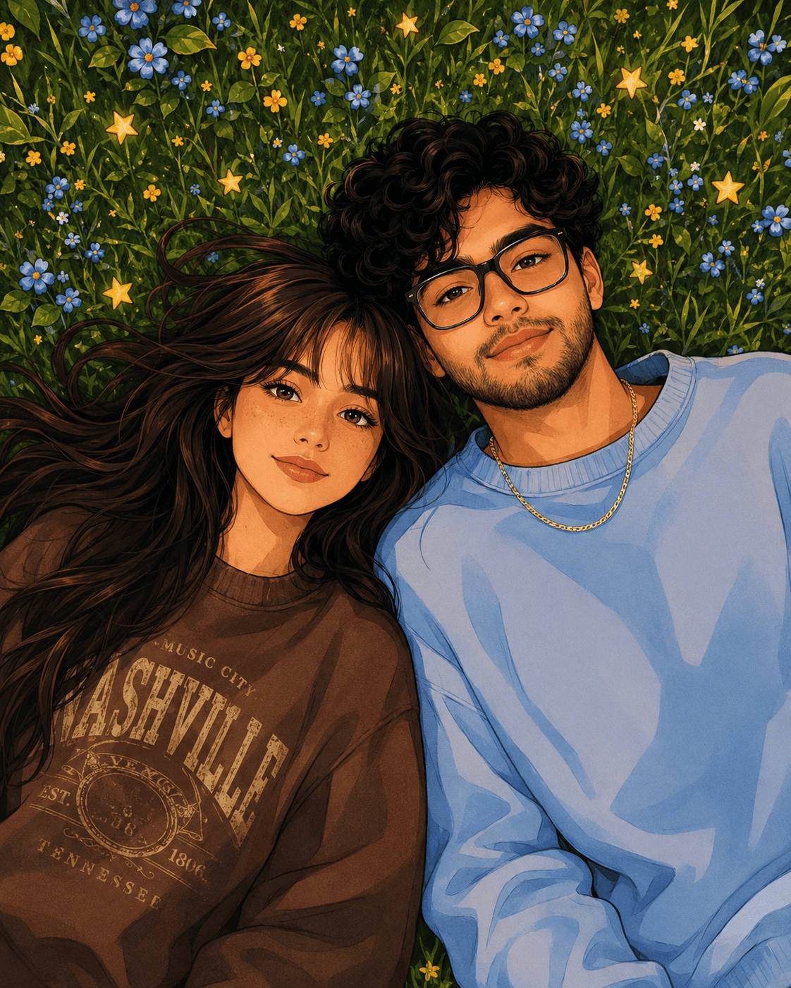 Cute Romantic Couple Cartoon Illustration in a Dreamy Spring Meadow