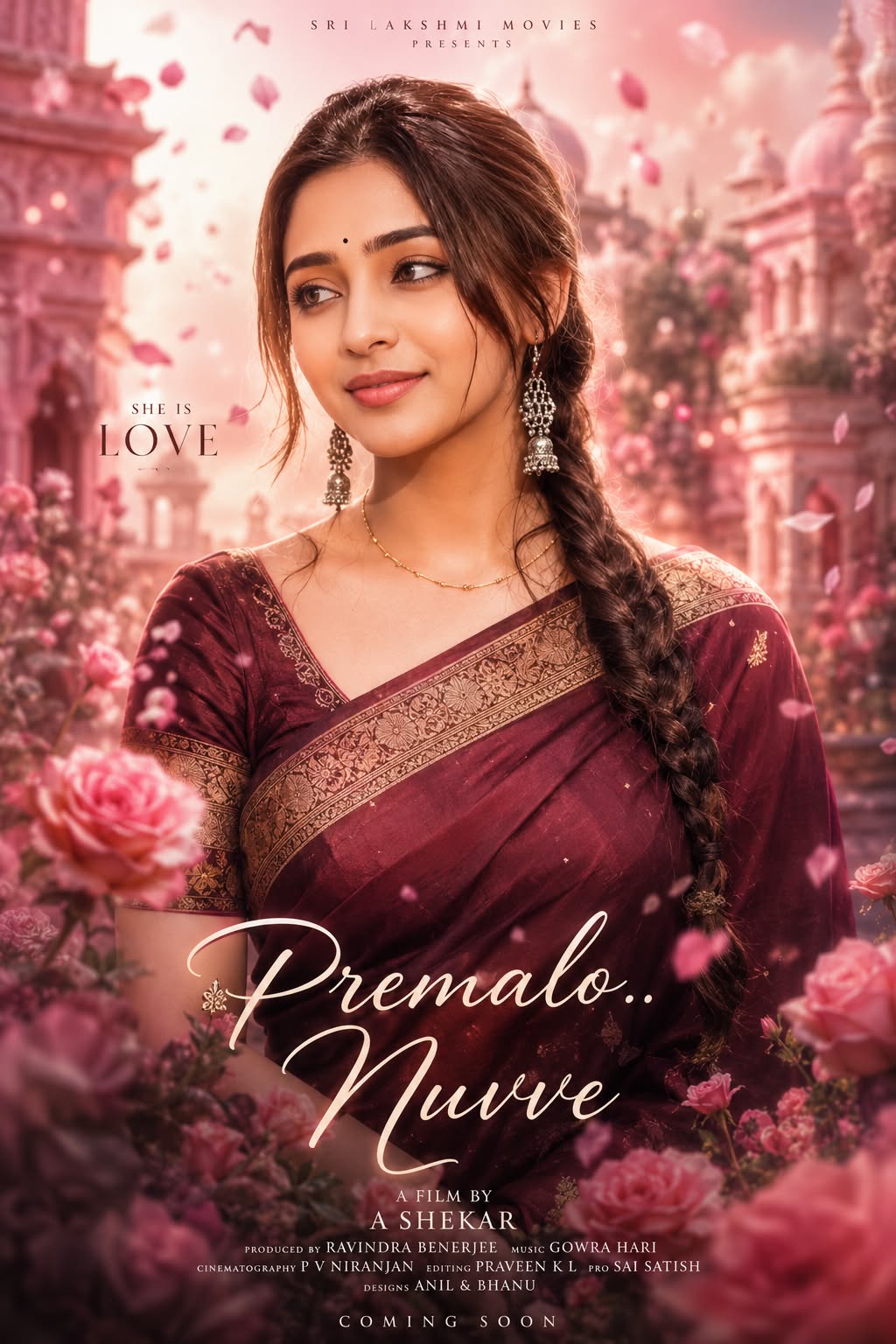 Dreamy South Indian Movie Poster Portrait in Maroon Silk Saree
