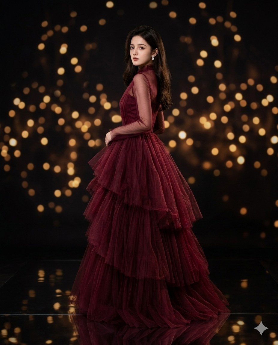Enchanting Burgundy Gown Portrait with Golden Bokeh