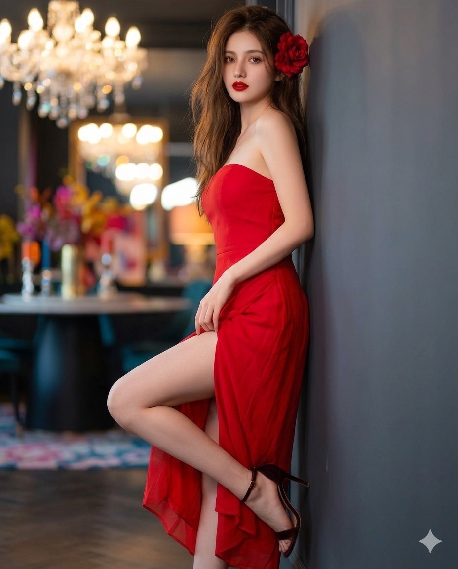 Glamorous Portrait of an Elegant Woman in a Vibrant Red Dress