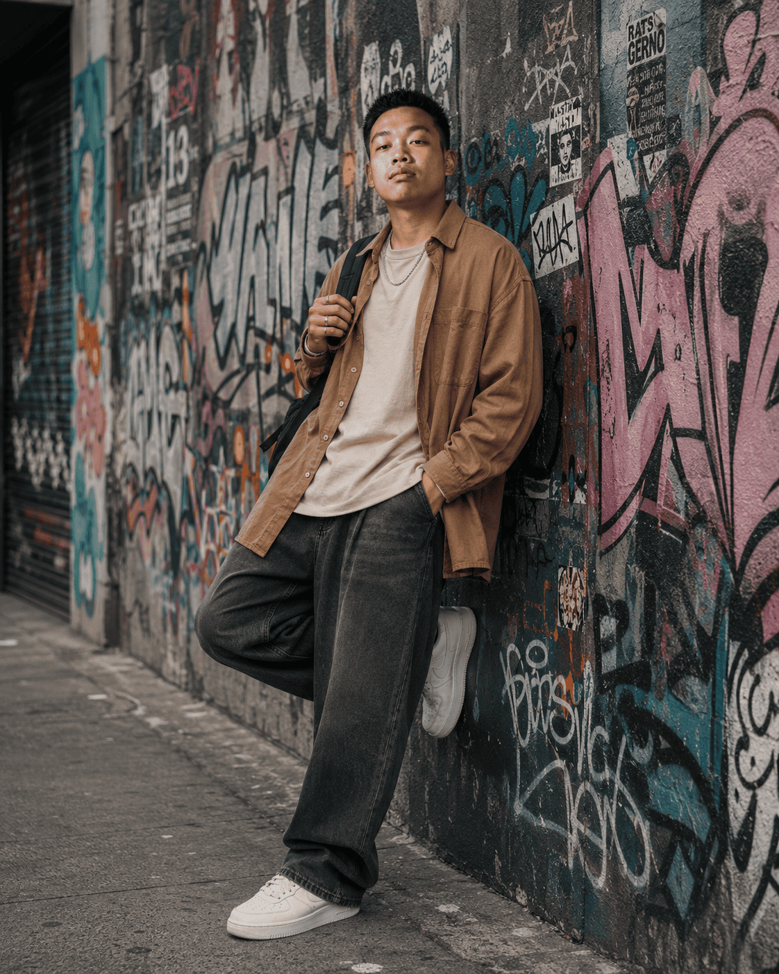 Korean Streetwear Editorial Portrait in a Graffiti Alley