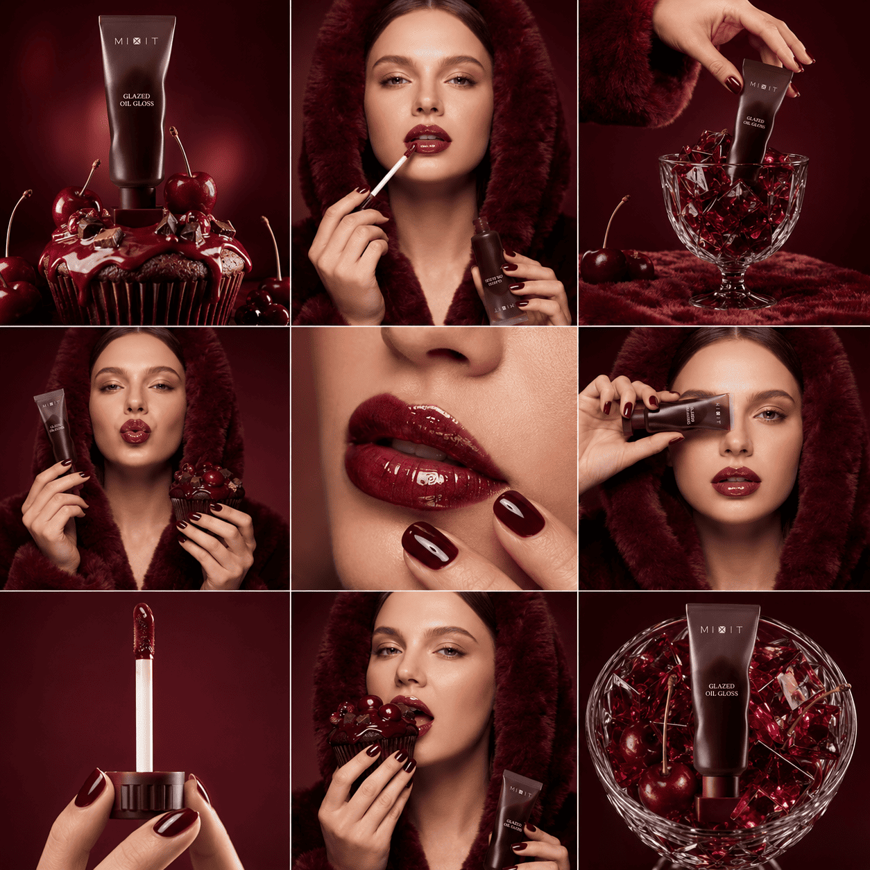 Luxury Cherry Lip Oil Campaign | Premium Beauty Editorial Instagram Carousel