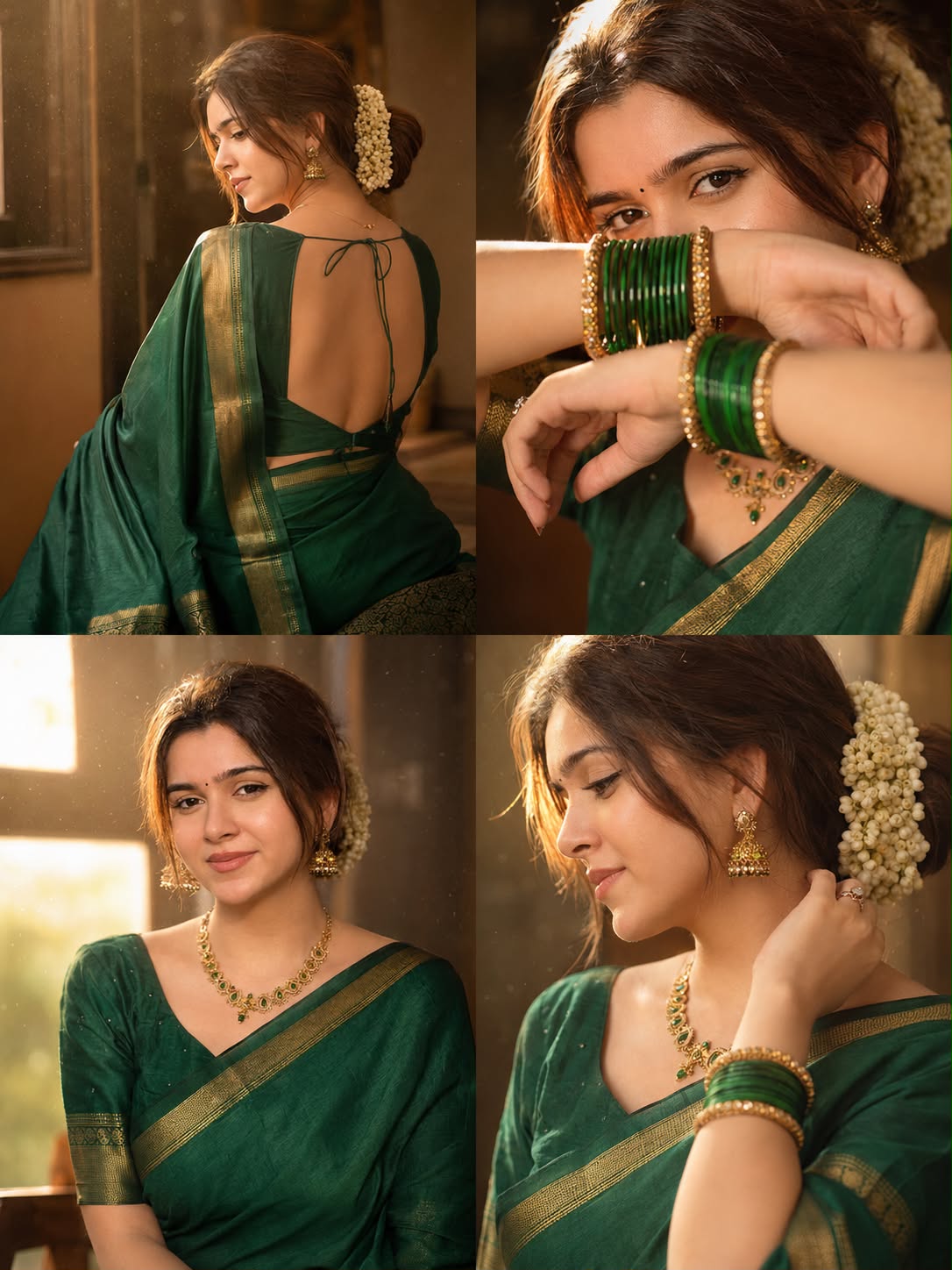 Luxury Cinematic Indian Bride Portrait Collage in Emerald Green Silk Saree
