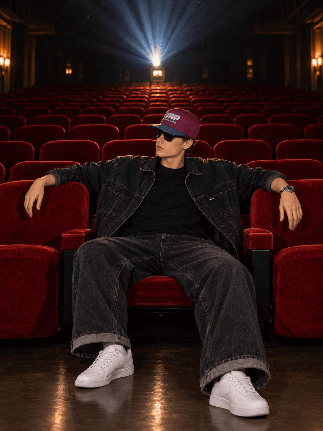 Luxury Cinematic Movie Theater Portrait with Vintage Cinema Editorial Aesthetic