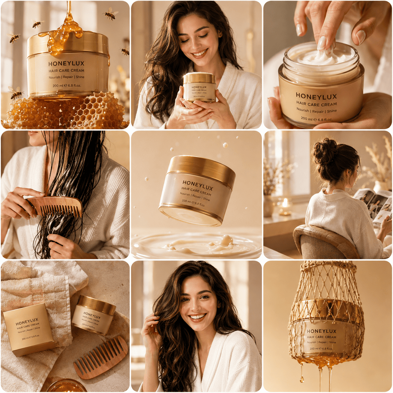 Luxury Honey Hair Care Beauty Campaign Storyboard AI Prompt