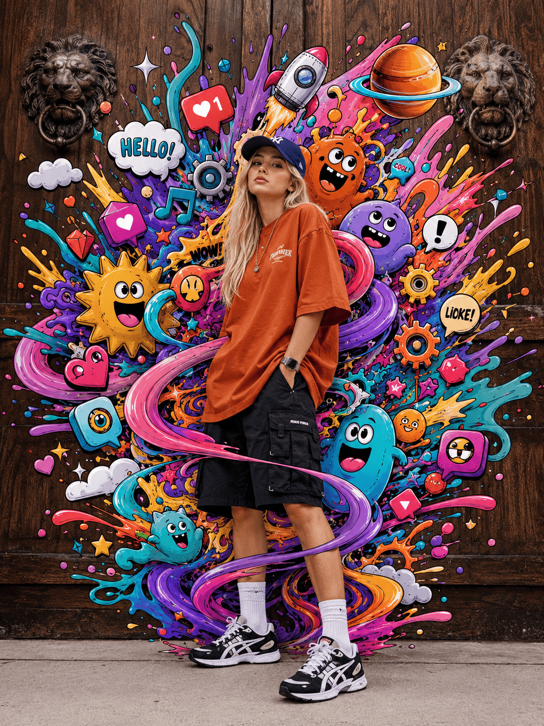 Mixed-Media Graffiti Streetwear Fashion Portrait Prompt | Cartoon Editorial Campaign