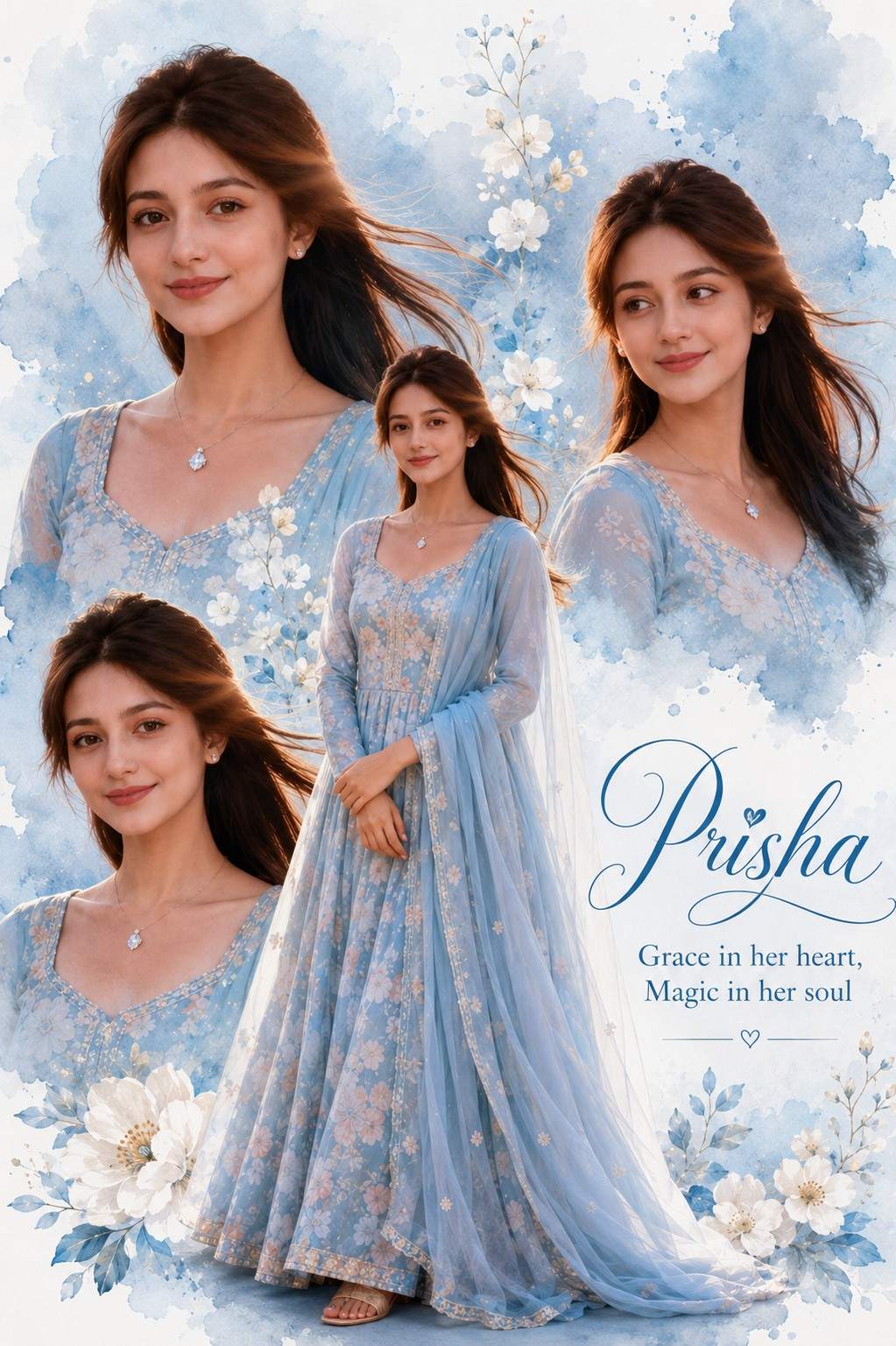 Pastel Blue Anarkali AI Portrait Collage Prompt