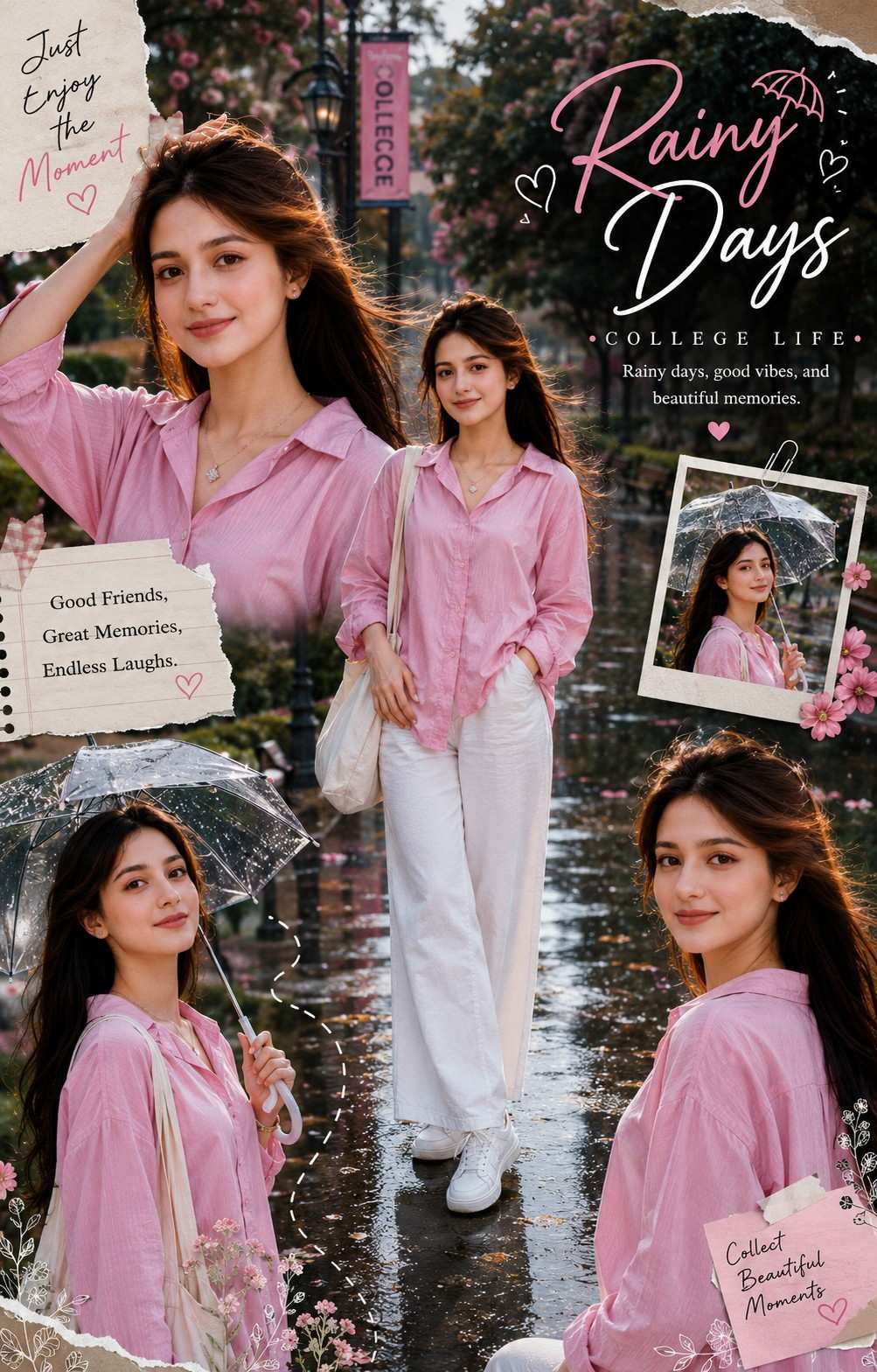 Rainy College Girl AI Portrait Collage Prompt