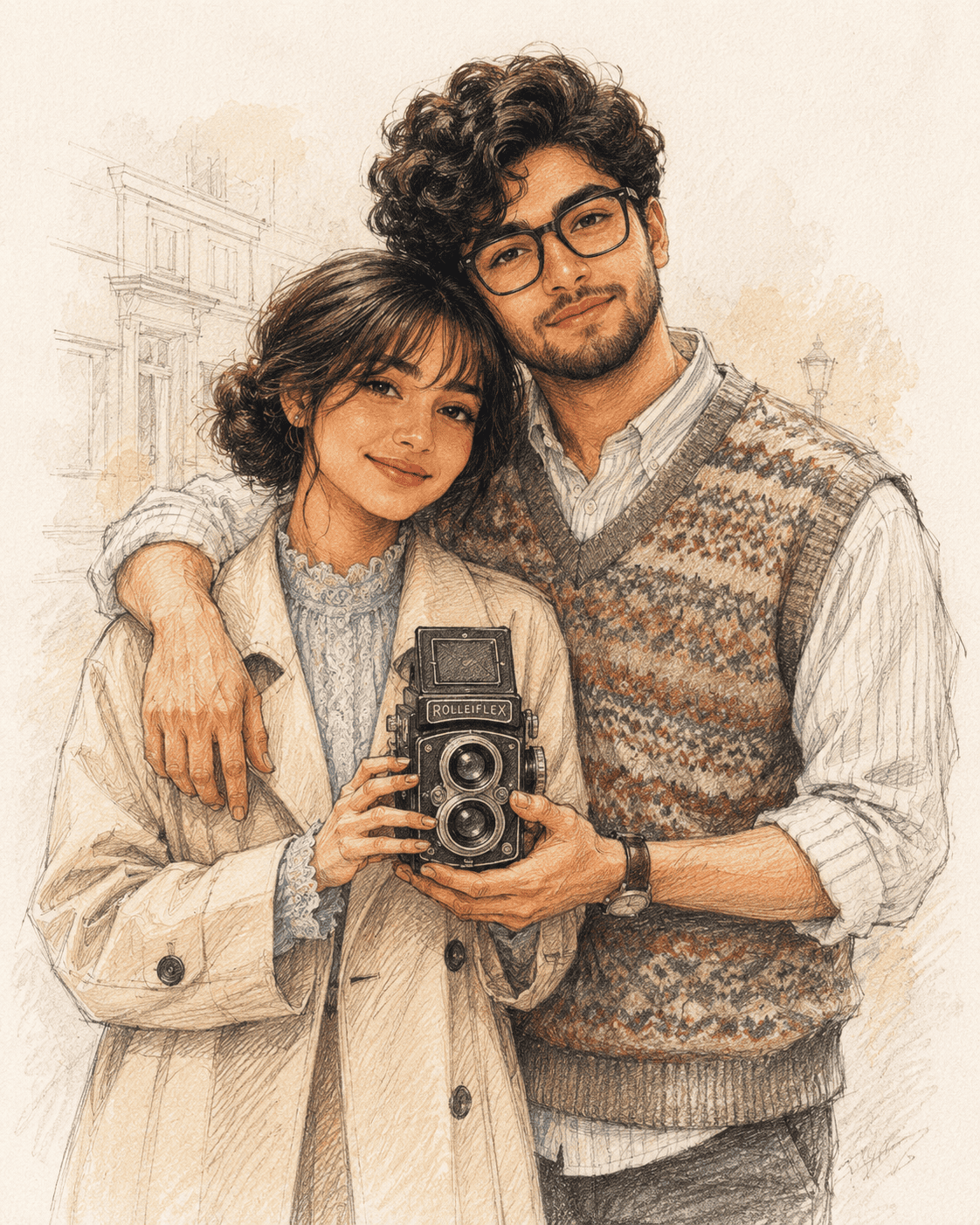 Romantic Colored Pencil Couple Portrait with Vintage Camera Illustration  Slug: