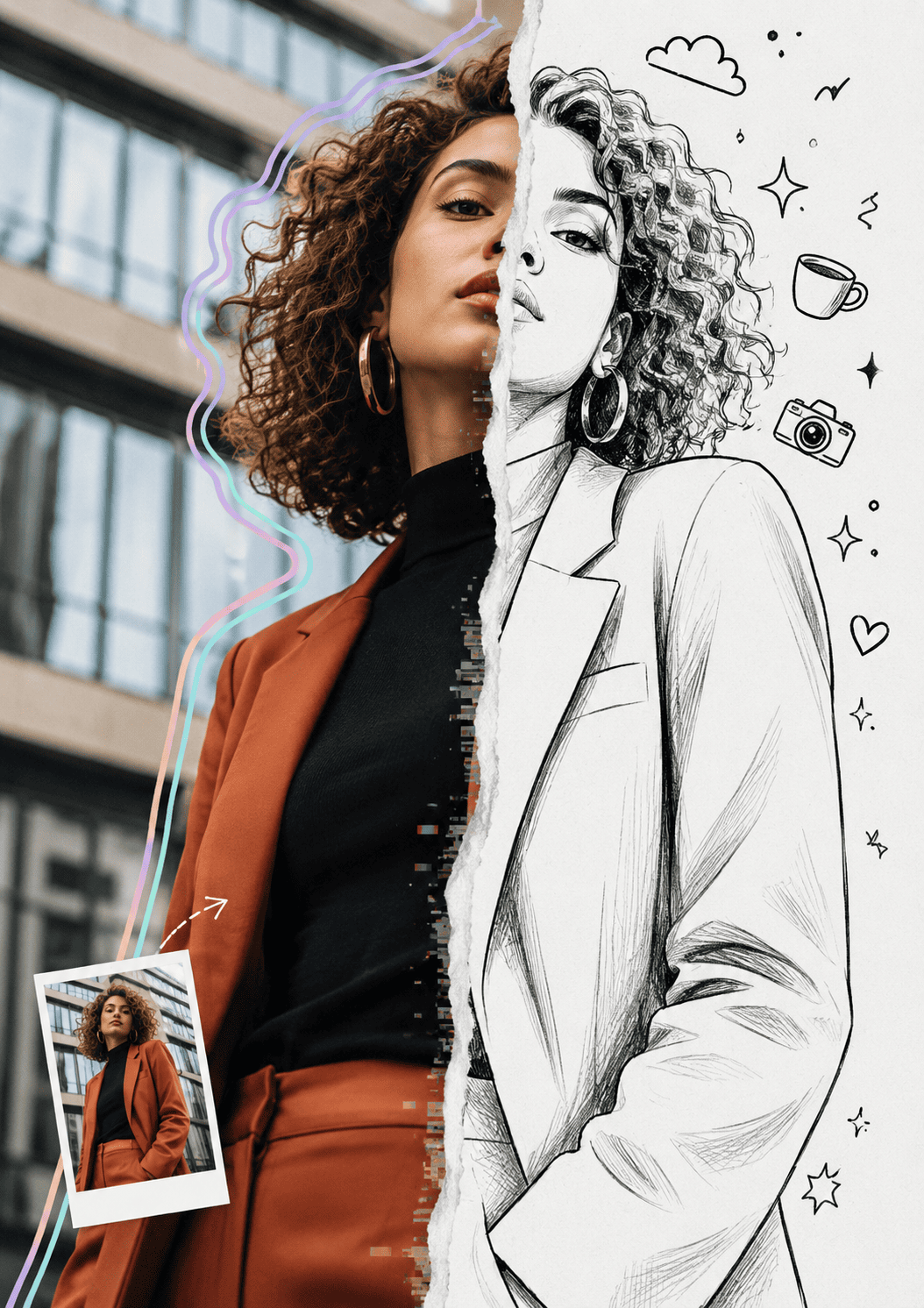Split Reality Fashion Portrait with Torn Paper Mixed Media Illustration