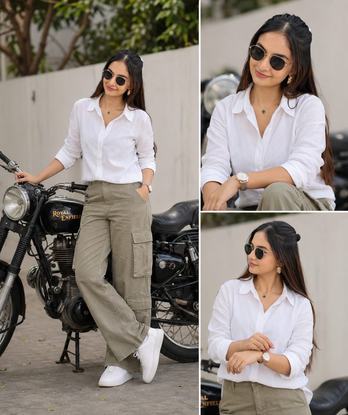 Stylish Indian Woman with Vintage Motorcycle | 3-Panel Fashion Editorial Collage