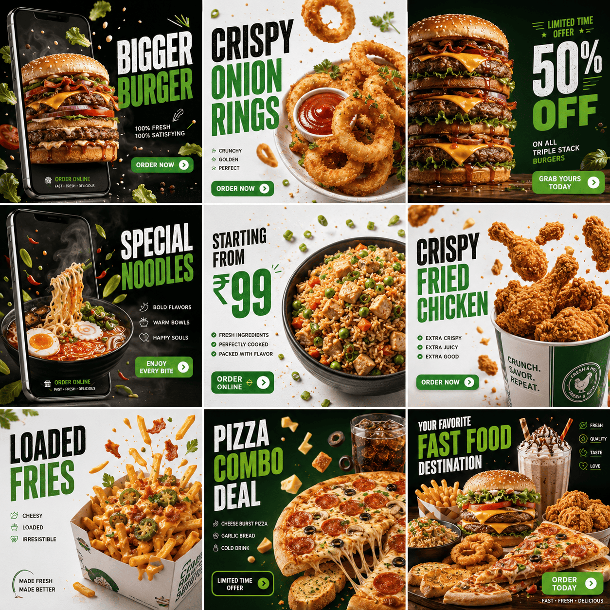 Ultra-Premium Fast Food Social Media Campaign | 3×3 Luxury Instagram Carousel Design