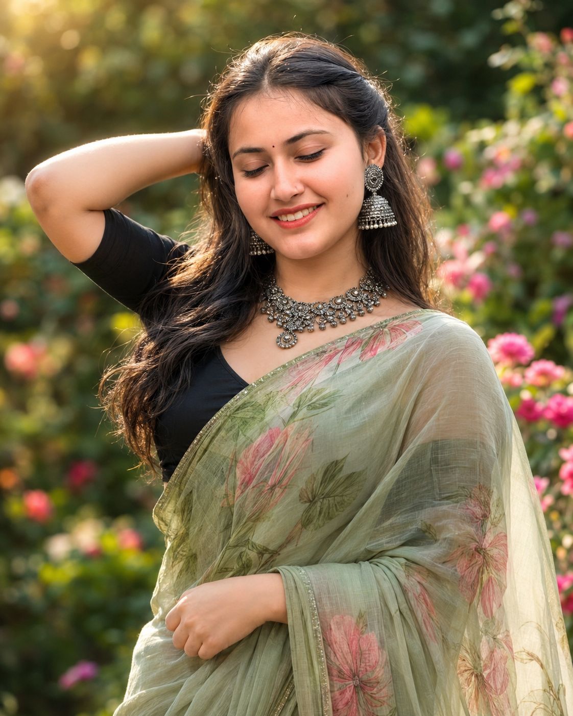 Ultra-Realistic Cinematic Garden Portrait in Sage Green Floral Saree