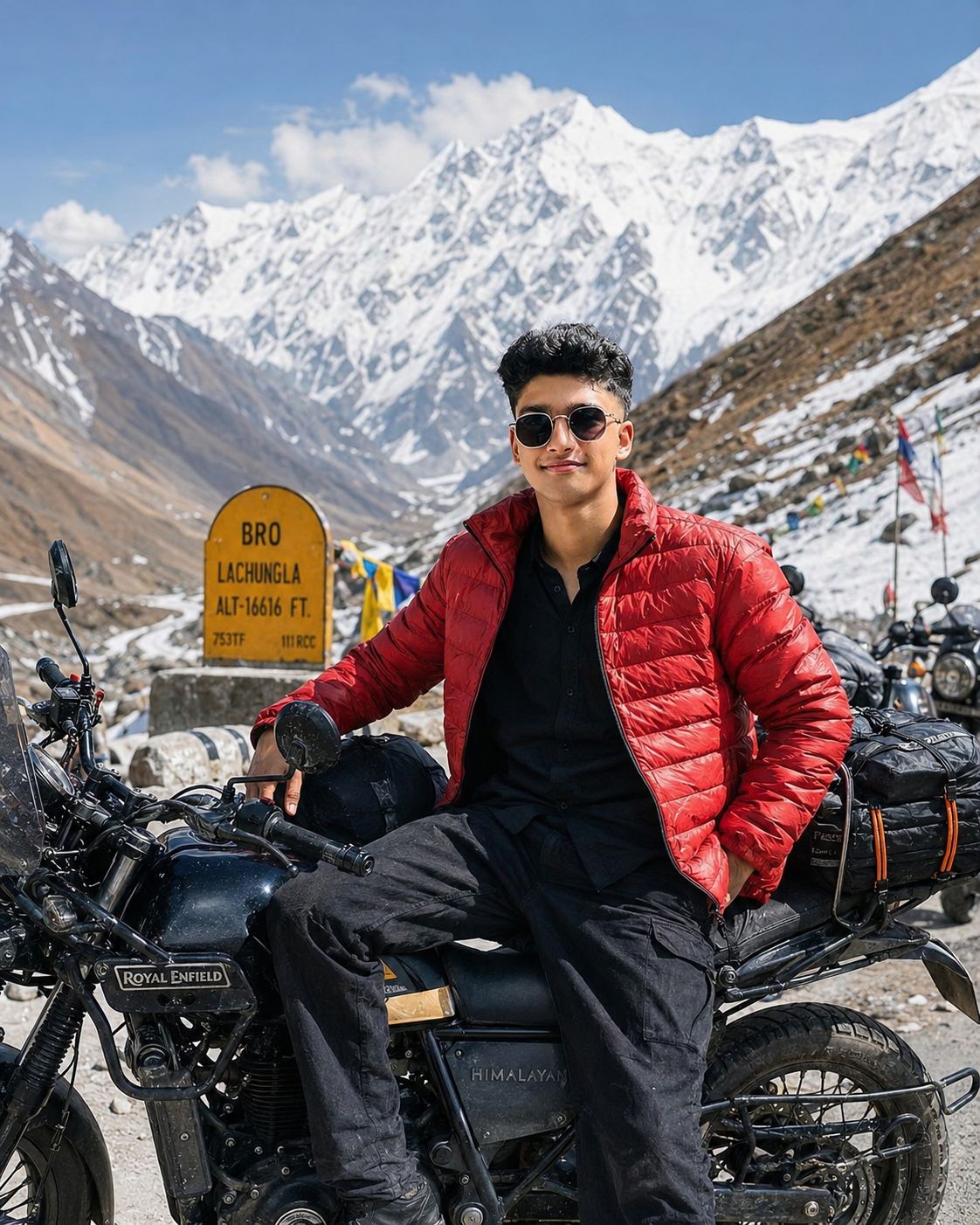 Ultra-Realistic Himalayan Motorcycle Travel Portrait of a Young Indian Man